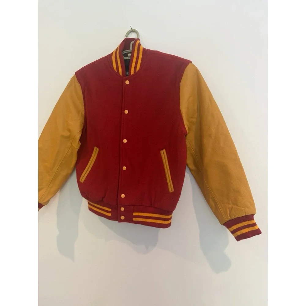 Stewart & Strauss Cardinal Red & Gold Varsity Letterman Jacket M Leather & Wool